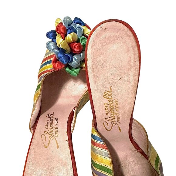 Vintage Schiaparelli Rainbow Satin Heels –1950s 60s Mules with Ribbon Rosette, - Picture 8 of 16